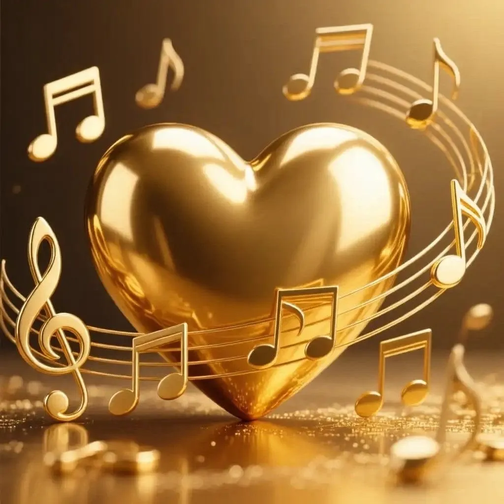 Gold heart surrounded by music notes