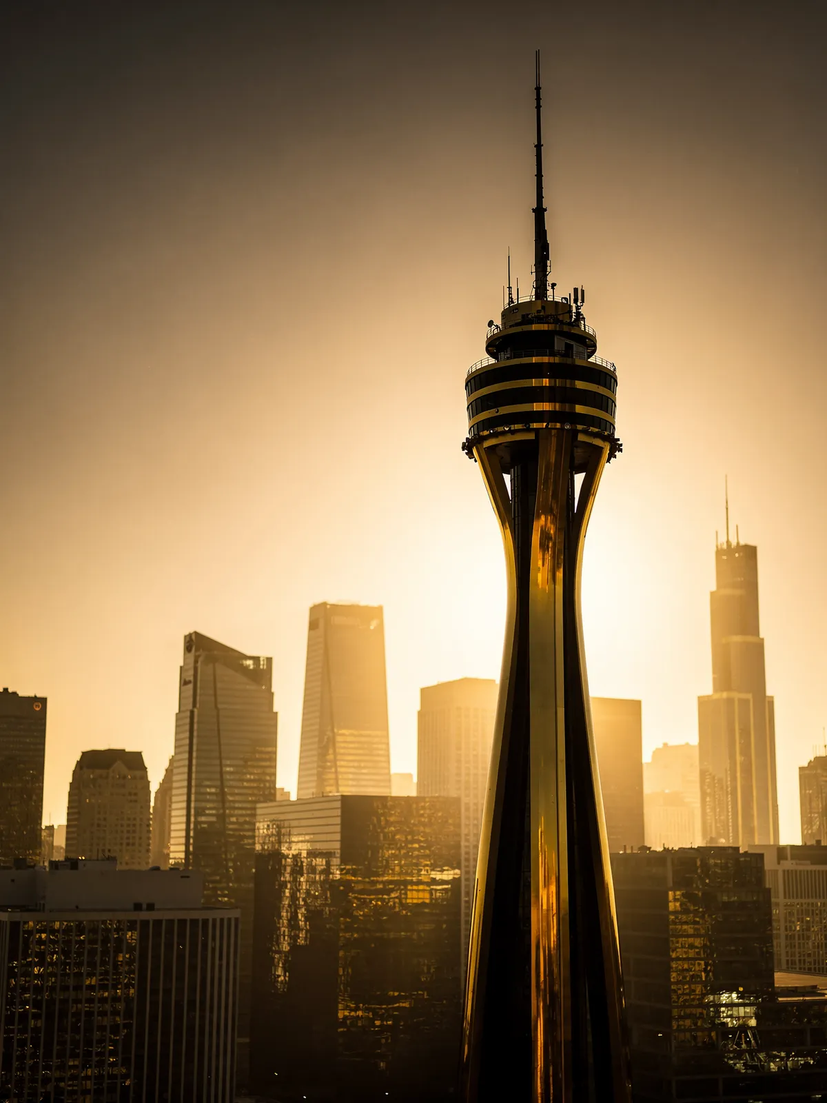 Golden city skyline at sunset